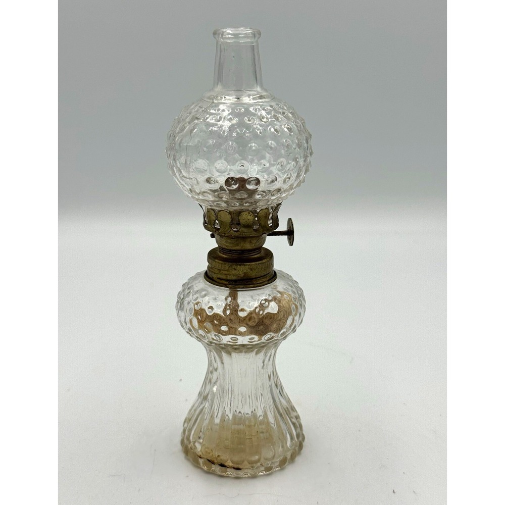 Clear Hobnail Pattern Glass Oil Lamp, Oil Powered, Indoor Knob Control, 9 in